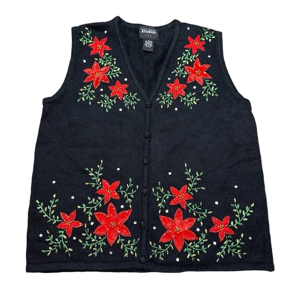 NWT Designers Original Black Beaded Embroidered Poinsettia Christmas Vest, Small - Picture 1 of 6